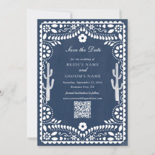 Reserve A Data Papel Picado Casamento Mexicano Rústico Azul Bodas