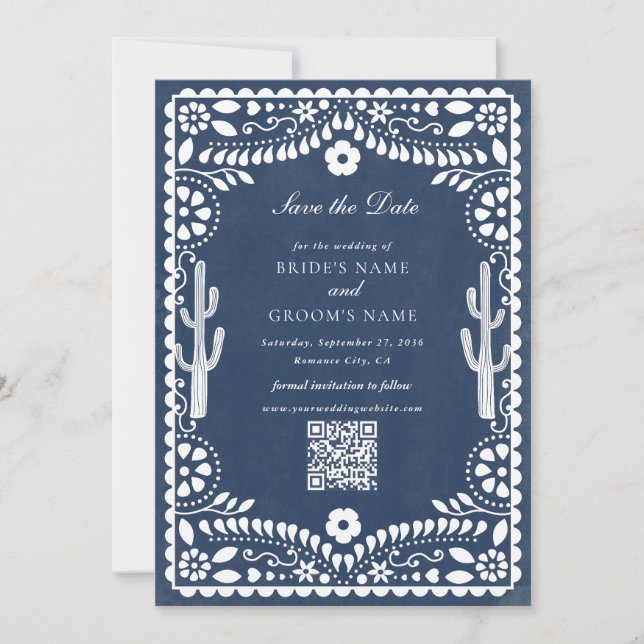 Reserve A Data Papel Picado Casamento Mexicano Rústico Azul Bodas (Frente)