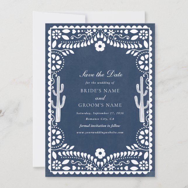 Reserve A Data Papel Picado Casamento Mexicano Rústico Azul Casam (Frente)