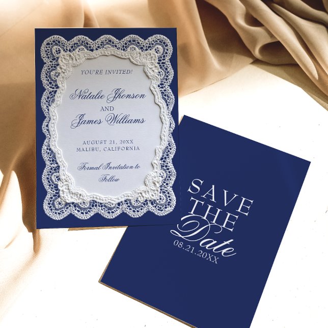 Reserve A Data Papel Royal Azul Renda Toalhinha de Renda Casament (Criador carregado)