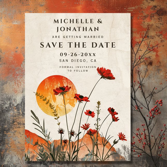 Reserve A Data Papoulas Vermelhas Simples Flores Silvestres Boho  (Front - Simple Red Poppies Boho Wildflowers Sunset Wedding Save The Date)