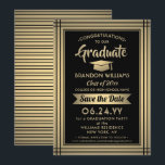 Reserve A Data Parabéns Graduação em Stripes Douradas e Pretas<br><div class="desc">Compartilhe a alegre notícia de uma festa de formatura que vem com uma folha de ouro elegante e preto e sujo, salve os convites de data. A imagem e o texto deste modelo são simples de personalizar com o nome do formando, o ano de aula e outros detalhes do lançamento...</div>