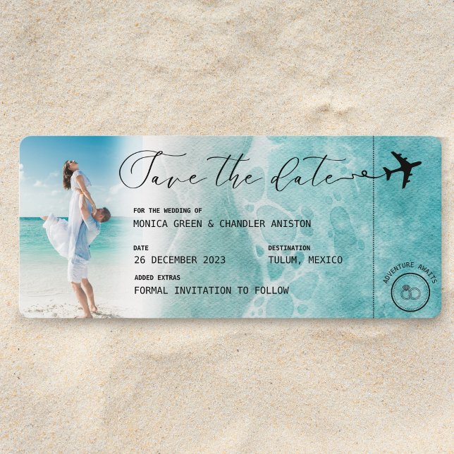Reserve A Data Passagem de Cartazes de Praia do Oceano (Save the Date Boarding Pass Ocean Beach)
