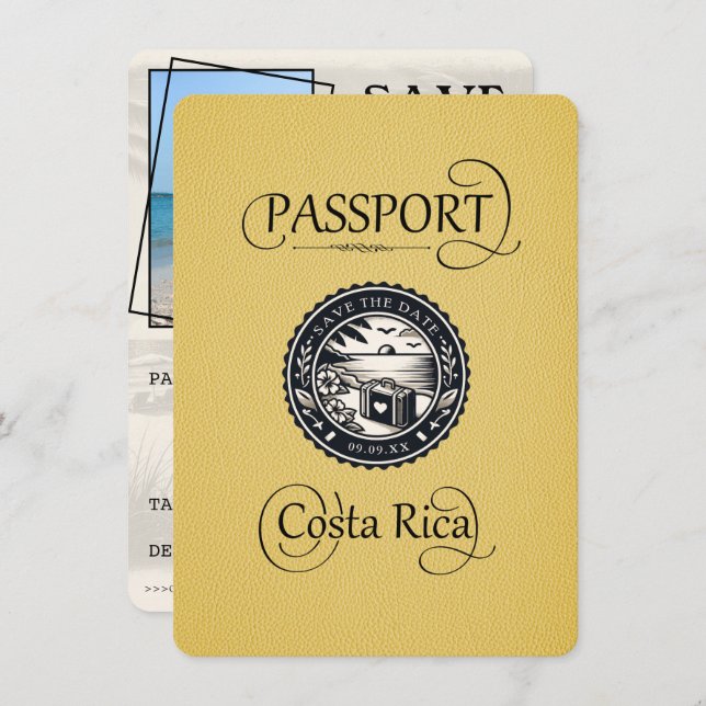 Reserve A Data Passaporte amarelo da Costa Rica (Frente/Verso)