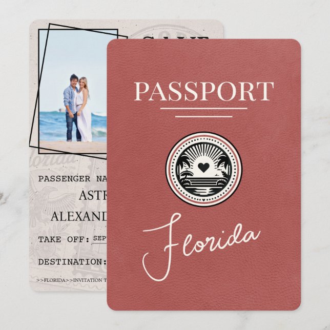 Reserve A Data Passaporte Burgundy Claro na Flórida Salvar a Data (Frente/Verso)