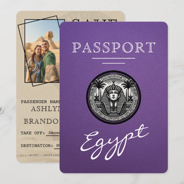 Reserve A Data Passaporte Egito Roxo Casamento Salvar a Data (Frente/Verso)