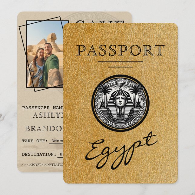 Reserve A Data Passaporte Ouro Egito Casamento Salvar a Data (Frente/Verso)