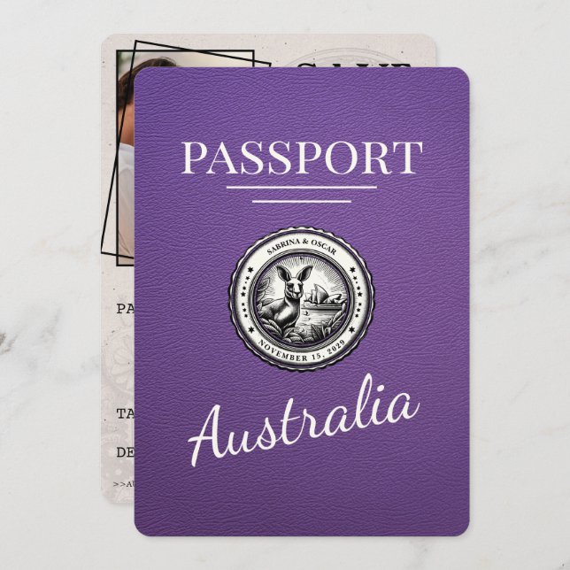 Reserve A Data Passaporte Purple Austrália Salvo A Data (Frente/Verso)