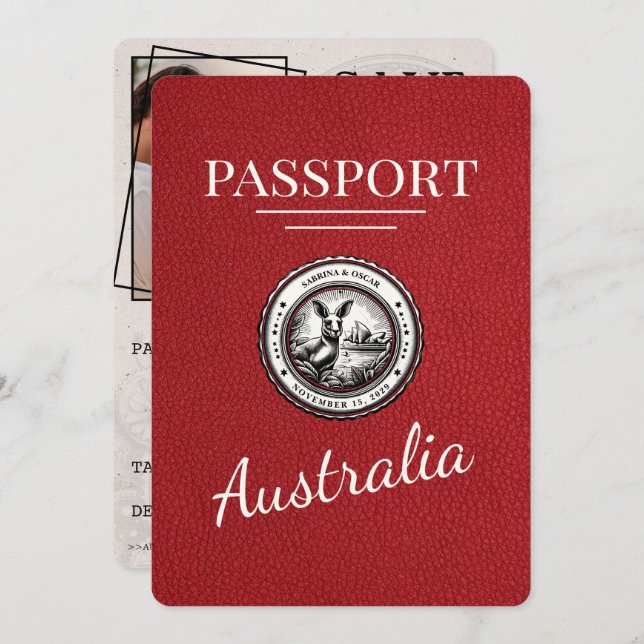 Reserve A Data Passaporte Vermelho Austrália Salvar a Data (Frente/Verso)