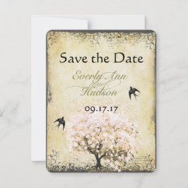 Reserve A Data Pássaro da Vintagem da Árvore Rosa Folha de Coraçã