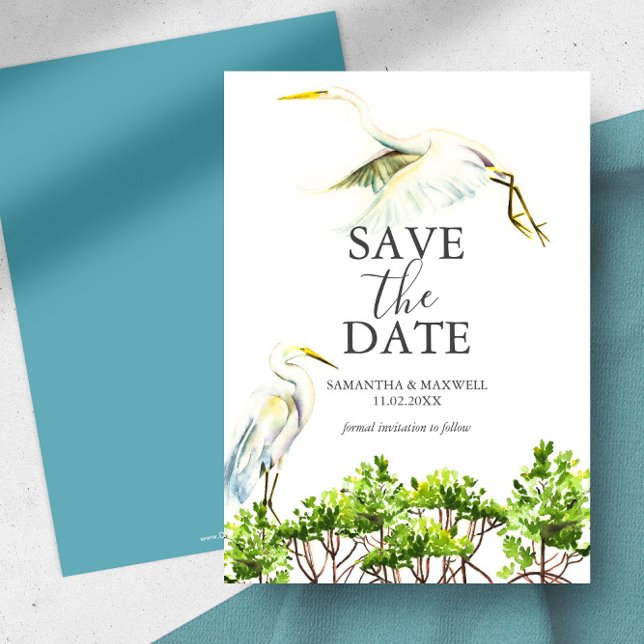 Reserve A Data Pássaro Tropical de Casamento de Destino Salvar a  (Destination wedding save the date Florida theme great white heron & mangroves Victoria Grigaliunas)