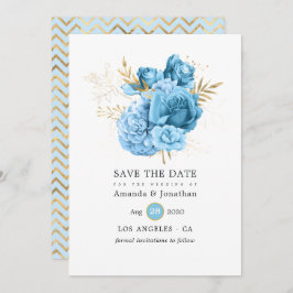 Reserve A Data Pastel Blue e Dourado Casamento Floral