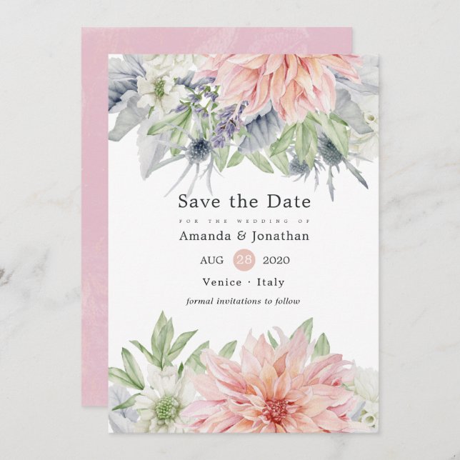 Reserve A Data Pastel Blush Pink Dahlia Casamento Salvar Data (Frente/Verso)