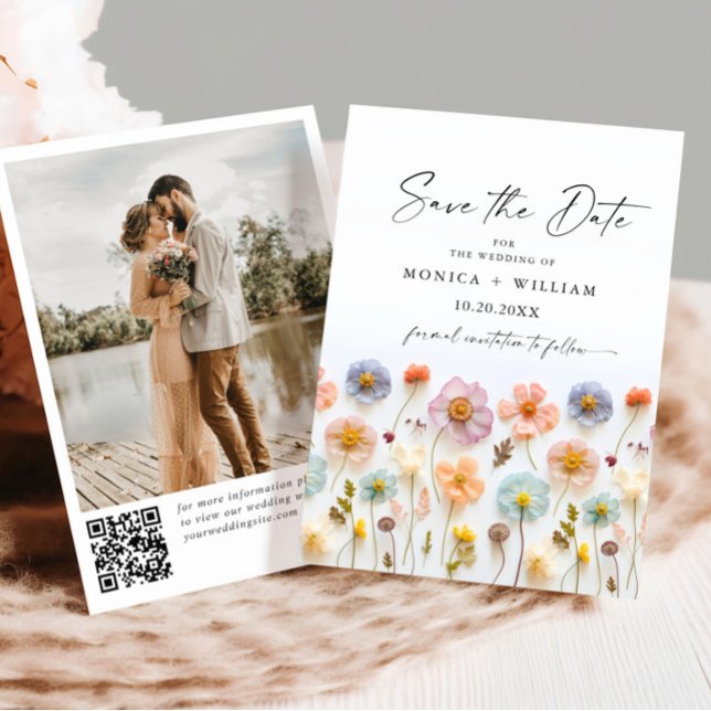 Reserve A Data Pastel Pink Boho Wildflower Casamento Código QR Fo (Criador carregado)