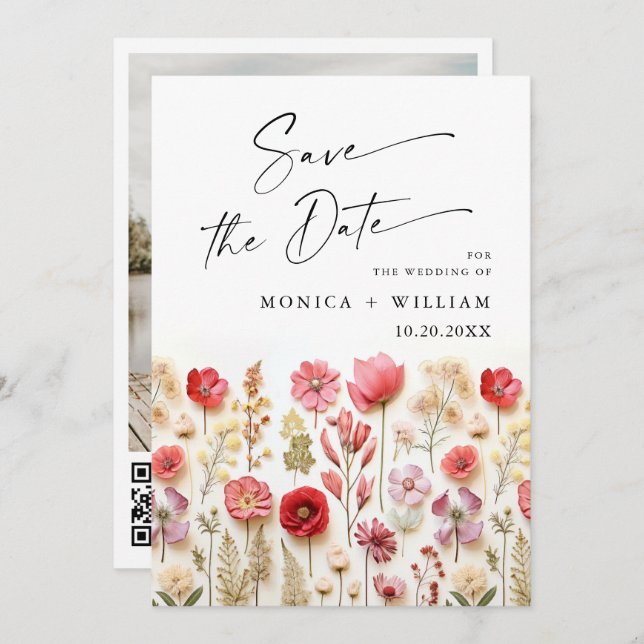 Reserve A Data Pastel Pink Boho Wildflower Casamento Código QR Fo (Frente/Verso)