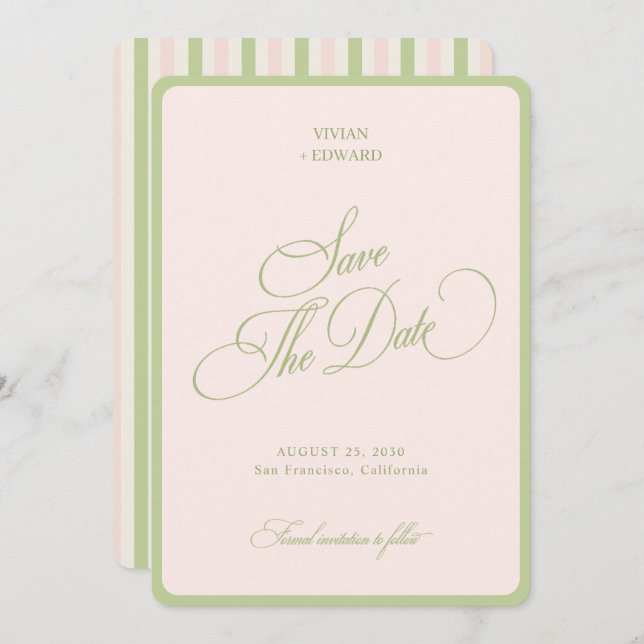 Reserve A Data Pastel Pink & Green Stripes Border Retro Wedding (Frente/Verso)