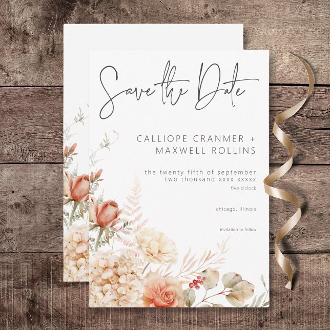 Reserve A Data Patilho de queda picante e casamento floreal embut (Spicy Fall Rust & Blush Boho Floral Wedding Save the Date Card)