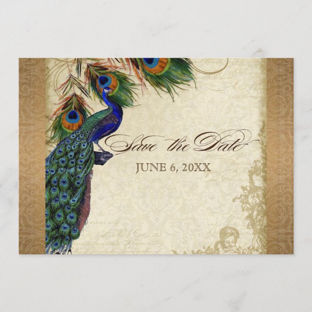 Reserve A Data Pavão & Penas Antigo Tom Dourado Damask  Espiral (Frente)