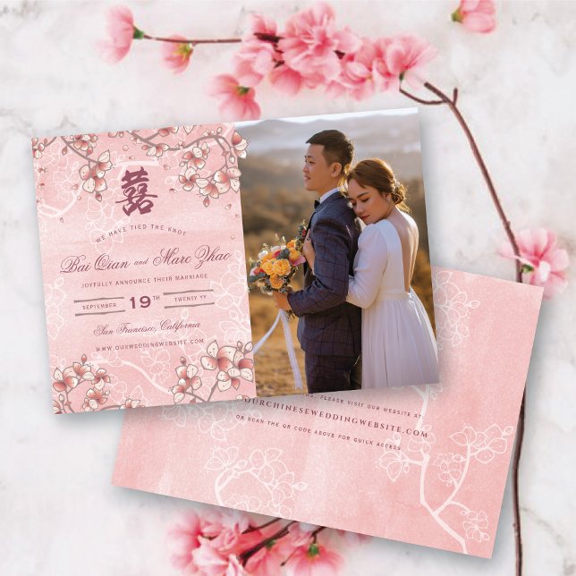 Reserve A Data Peach Blossoms Dupla Felicidade Casamento Chinês (Pink Peach Blossoms Double Happiness Elegant Chinese Wedding Photo Announcement @ fatfatin_red_knot)