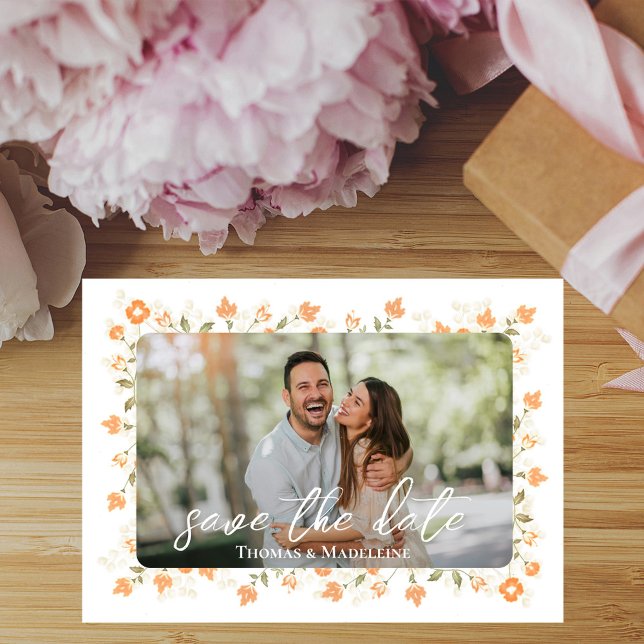 Reserve A Data Peach Floral Photo Collage Wedding (Wedding save-the-date photo card with a scannable QR code. )