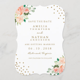 Reserve A Data Peach Gold Floral Confetti Casamento Salve A Data