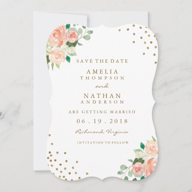 Reserve A Data Peach Gold Floral Confetti Casamento Salve A Data (Frente)
