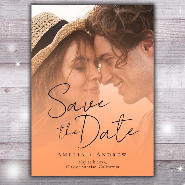 Reserve A Data Peach Orange Fuzz Foto Elegante Casamento De Scrip (Criador carregado)