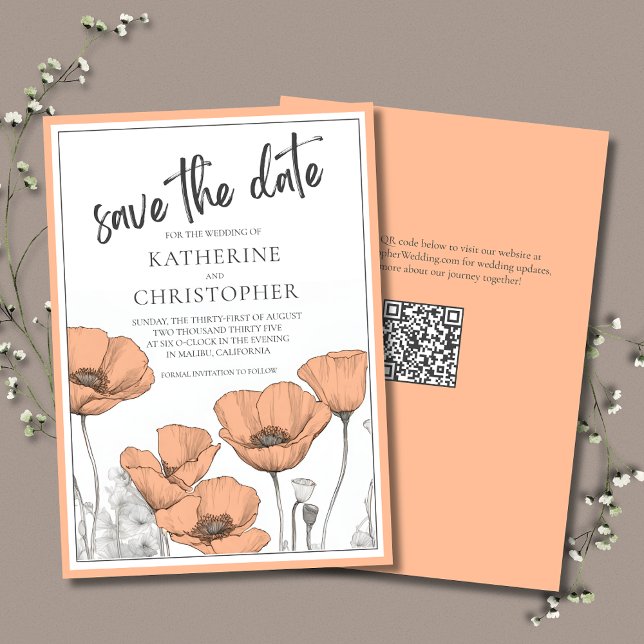 Reserve A Data Peach Poppies Floral Moderno Casamento Elegante (Peach Poppies Elegant Save the Date Card with QR Code for Wedding Website.)