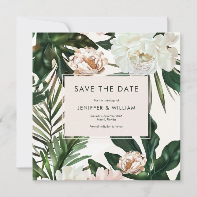 Reserve A Data Peach White Peonies e Green Deixa Casamento Floral (Frente)