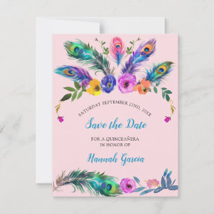 Reserve A Data Penas e flores de peacock Quinceañera Blush Rosa