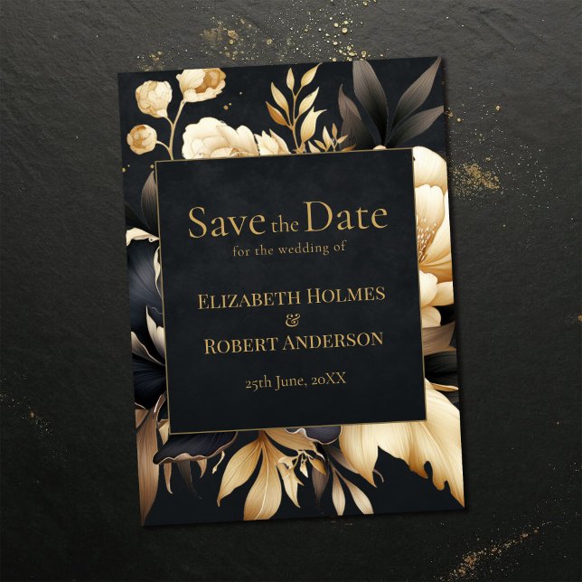 Reserve A Data Peônia Preto e Dourado Gótico Salve a Data (Black & Gold Peony Gothic Save the Date on a dark vintage table)