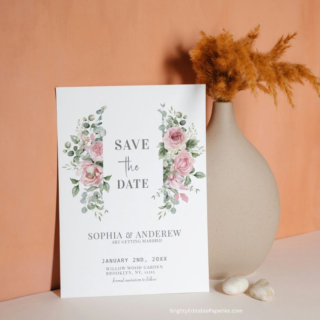 Reserve A Data Peônias Românticas e Eucalipto sem Tempo para o Ca (Announce your love in style with our Romantic Peonies Eucalyptus Save the Date )