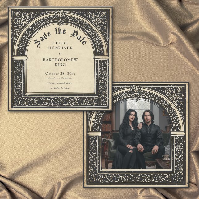 Reserve A Data Pergaminho Gótico Medieval Até a Morte Foto (Gothic Parchment Medieval Until Death Photo Wedding Save the Date Card)