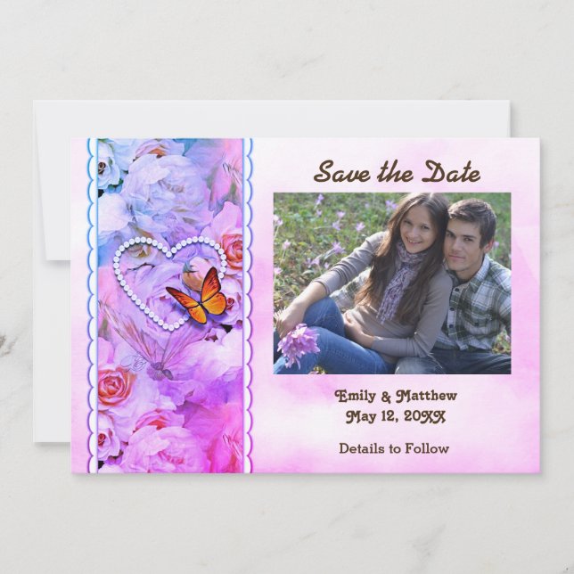 Reserve A Data Pérolas Cardíacas, Rosas Rosa, Borboletas Data de  (Frente)