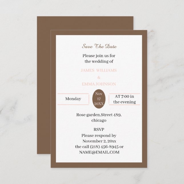 Reserve A Data Personalizado Castanho Simples (Frente/Verso)