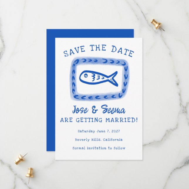 Reserve A Data Pescado Bonito Desenho Mão Azul, Doce, Branco, Per (Frente/Verso In Situ)