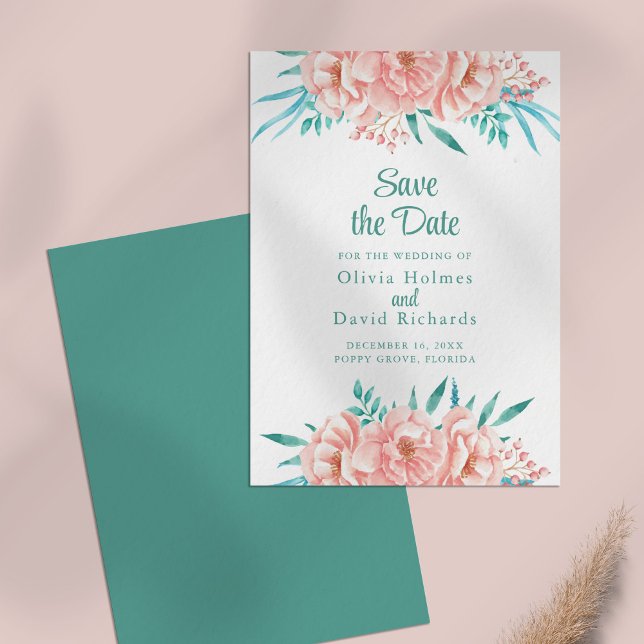 Reserve A Data Pêssego e Turquesa Salve a placa de data (Peach and Turquoise Save the Date Card on a pale pink table.)