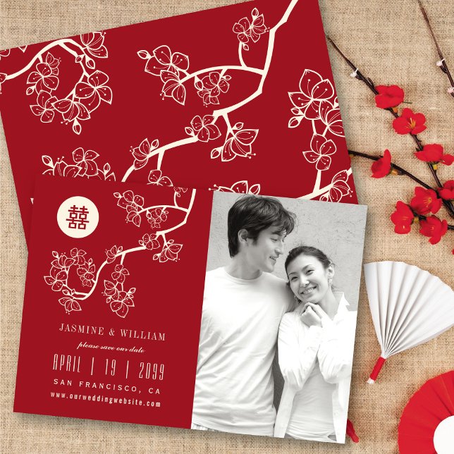 Reserve A Data Pêssego Vermelho Brilha Foto de Felicidade Dupla C (Red/Ivory Peach/Plum Blossoms Chinese Double Happiness Photo Save The Date Card @ fatfatin_red_knot)