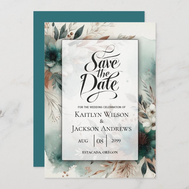 Reserve A Data Pétalas de Teal no Casamento de Sangue de Bronze (Frente/Verso)