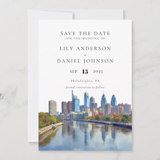 Reserve A Data Philadelphia Skyline Watercolor Elegant Wedding (Frente)