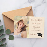 Reserve A Data Photo champagne mocha Graduation<br><div class="desc">A photo Save the date card for a graduation. On front: Add your own vertical size photo of the graduate. A modern champagne colored background, mocha colored text. Templates for a name and date. The name and the text: Save the Date are written with a modern hand lettered style script....</div>