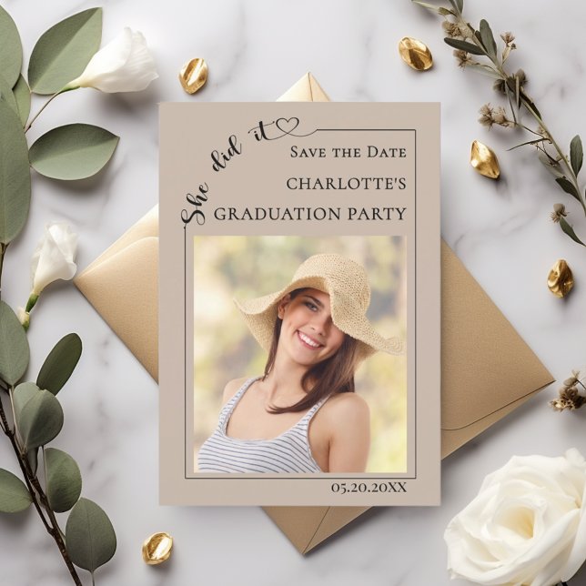 Reserve A Data Photo Graduation party mocha beige Save the Date (Criador carregado)