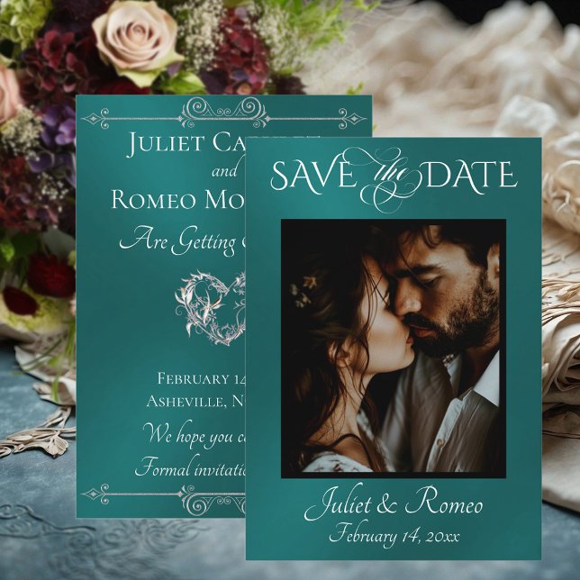 Reserve A Data Photo & Heart Save the Date on Teal (Criador carregado)