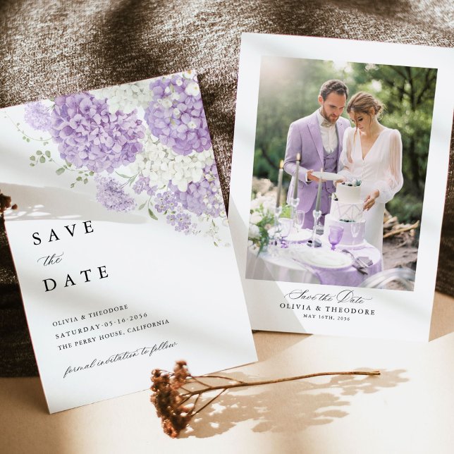 Reserve A Data Photo Lavender Lilac White Floral Wedding (Lavender white photo save the date card with hydrangea floral, lilac romantic wedding stationery)