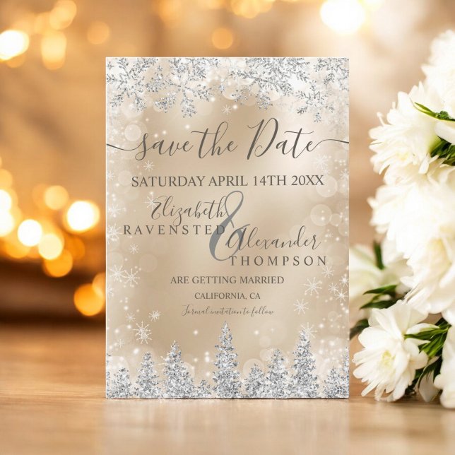 Reserve A Data Pinheiro de neve prateado folha de ouro Natal salv (Silver snow pine gold foil Christmas save the date)