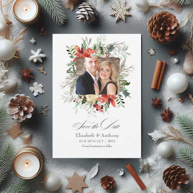 Reserve A Data Pinho Rústico Nevado e Magia de Casamento de Inver (Snowy Rustic Pine and Spruce Winter Wedding Magic Save The Date)