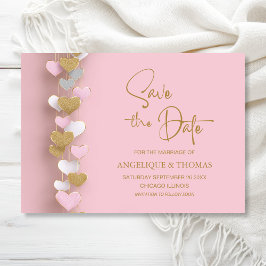 Reserve A Data Pink and Gold Hearts Wedding Save the Date