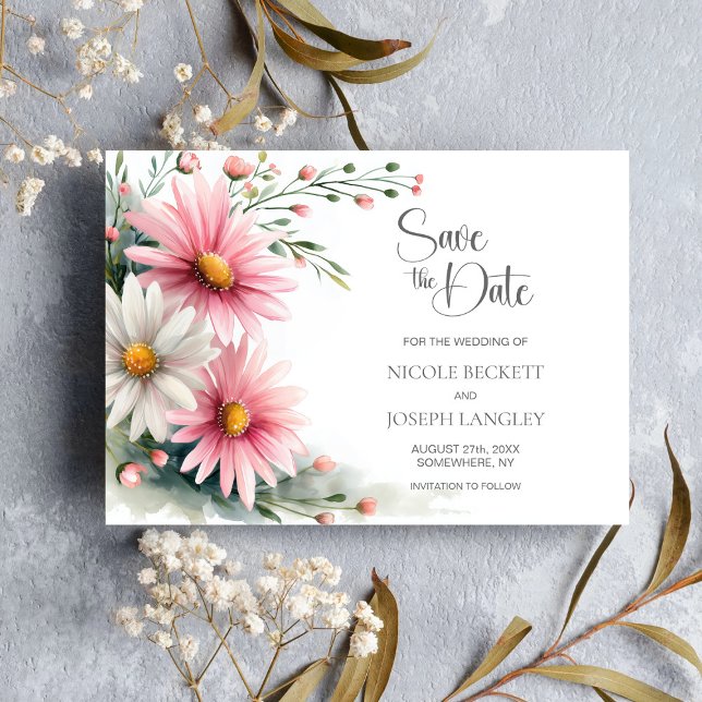 Reserve A Data Pink and White Daisies Wedding Save the Date (Criador carregado)