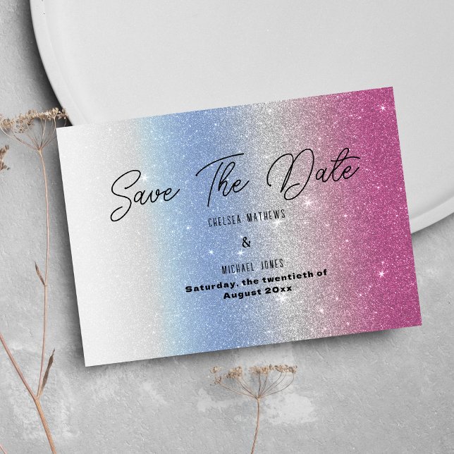 Reserve A Data Pink blue silver ombre glam glitter Save The Date  (Pink blue silver ombre glam glitter Save The Date )