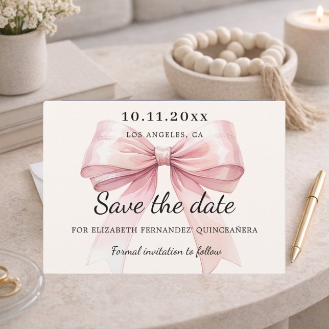Reserve A Data Pink bow cream Quinceanera Save the Date card (Criador carregado)